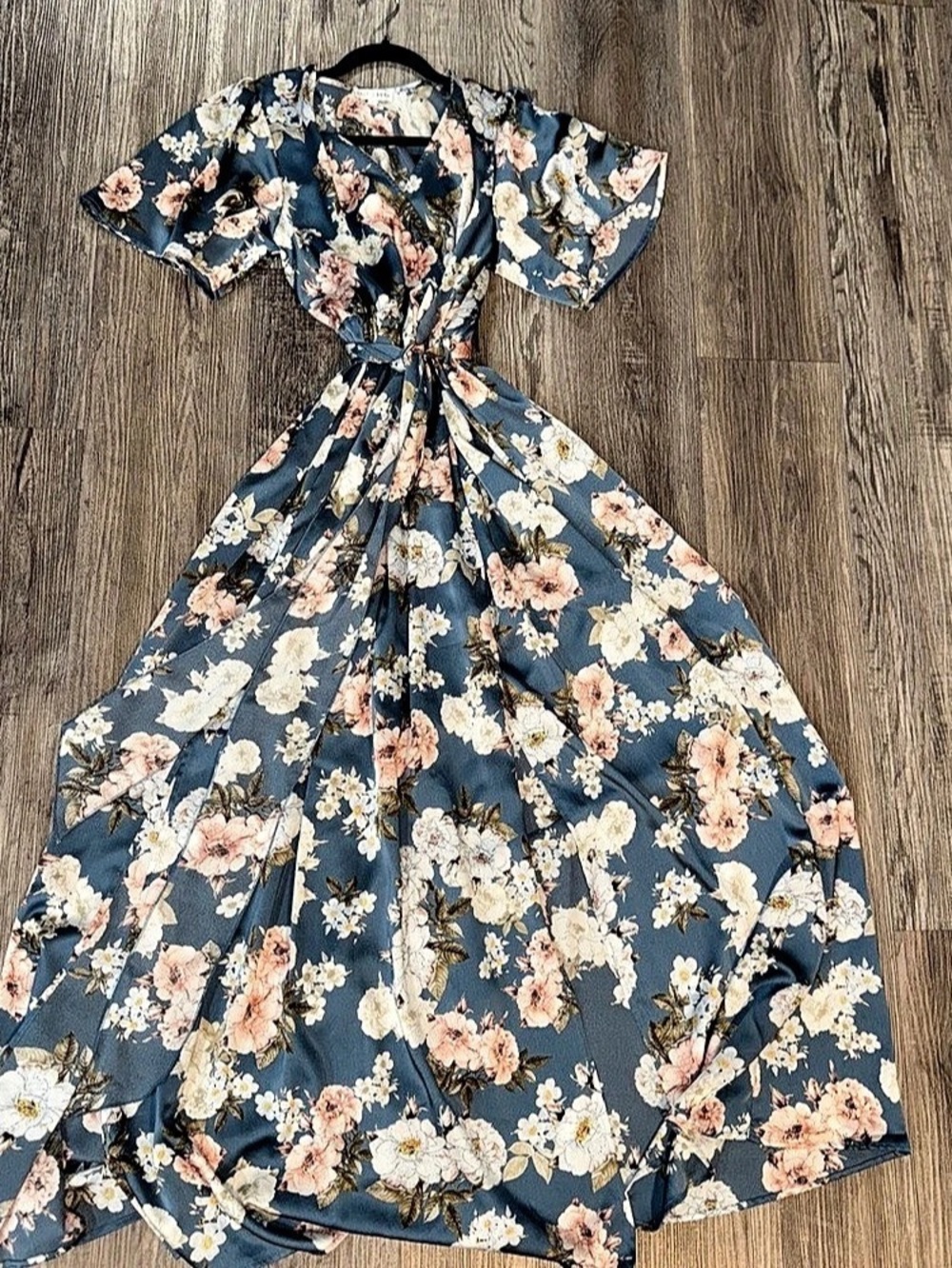 Baltic Born Sicily Satin Maxi Dress Floral Wrap Maxi Dress Blue & Pink Large